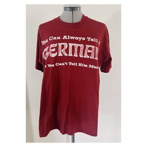 VTG Sz L Burgundy and White Graphic Tell a German Tee Single Stitch 80s